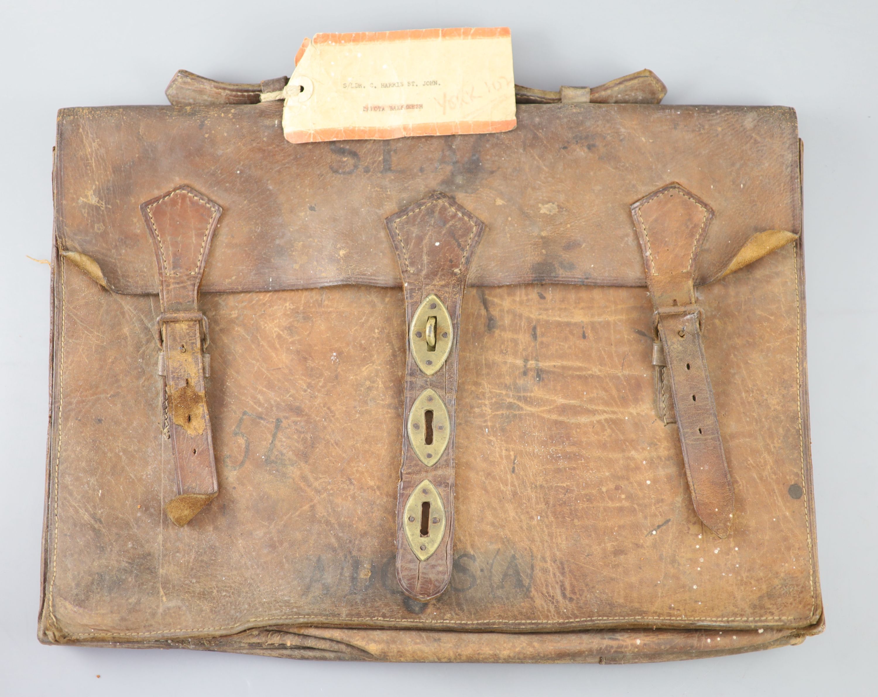 A leather attache case allocated to a member of Lord Mountbattens staff in India / South East Asia c.1943-1947 30 x 40cm.